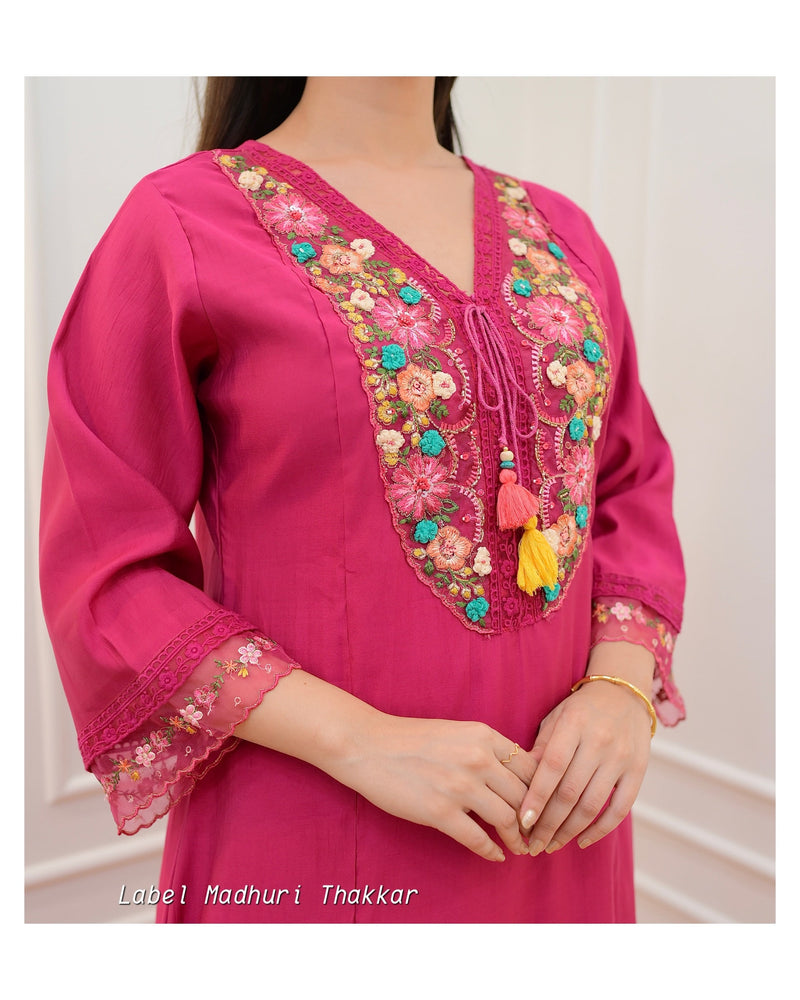 Pink Threadwork A Line Silk Suit