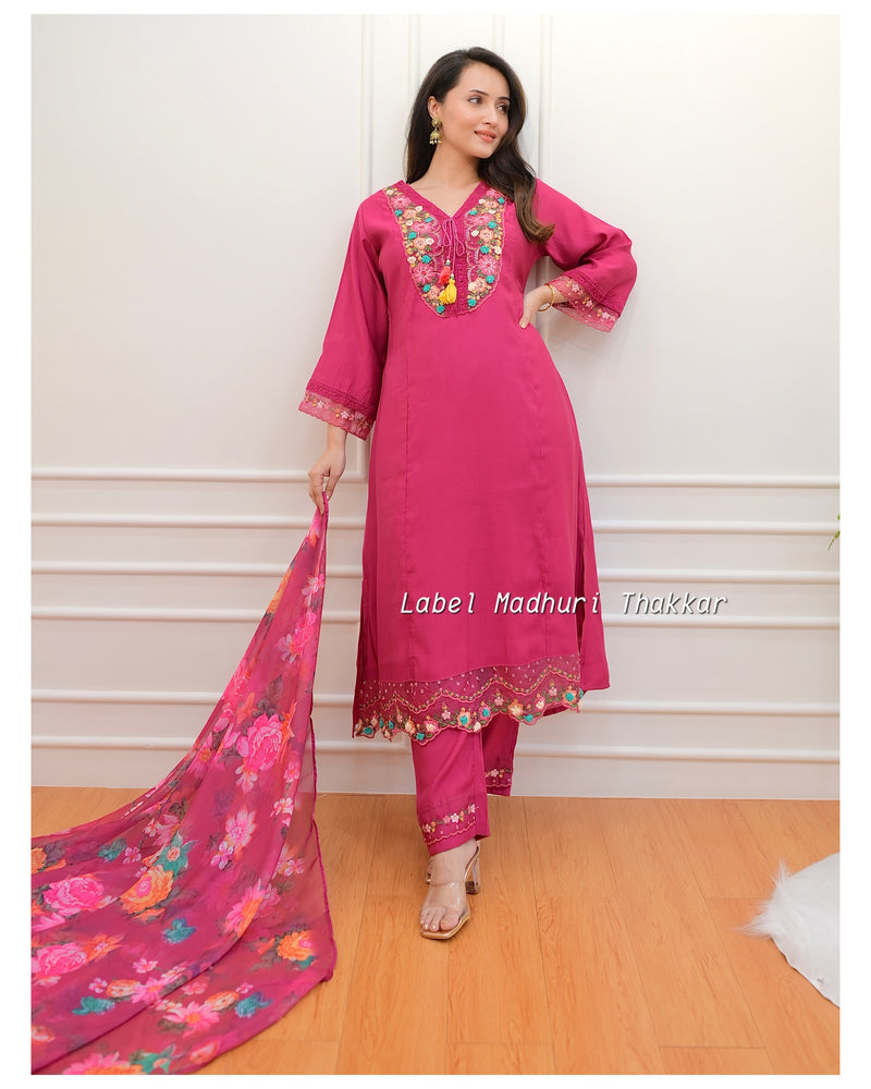 Pink Threadwork A Line Silk Suit