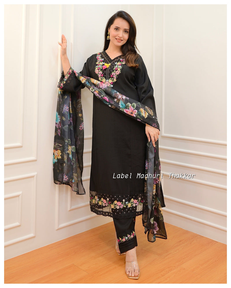 Black Threadwork A Line Silk Suit