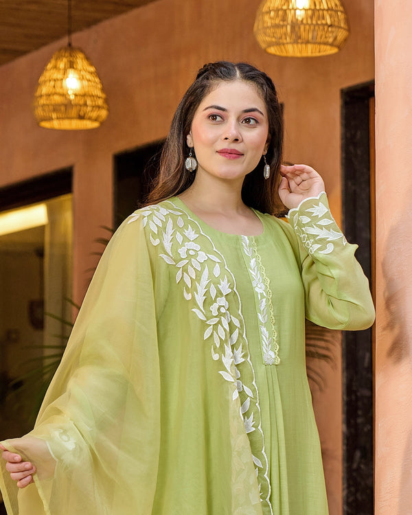 Lime Green Thread Embroidered A Line Mul Chanderi Suit