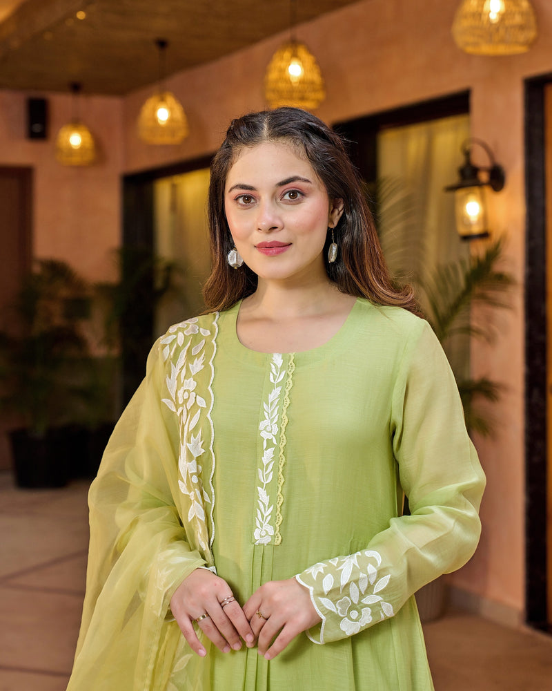 Lime Green Thread Embroidered A Line Mul Chanderi Suit