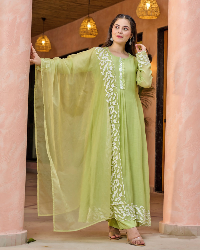 Lime Green Thread Embroidered A Line Mul Chanderi Suit