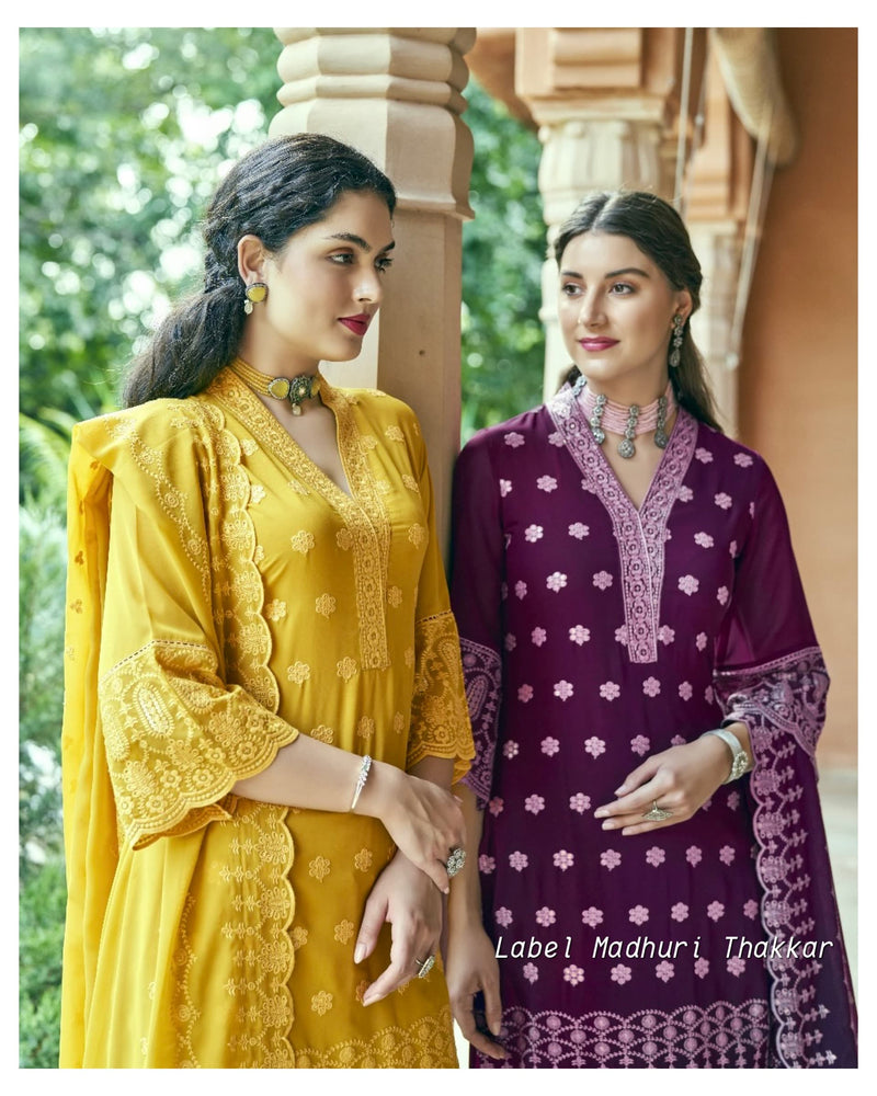 Yellow Georgette Schiffli Suit