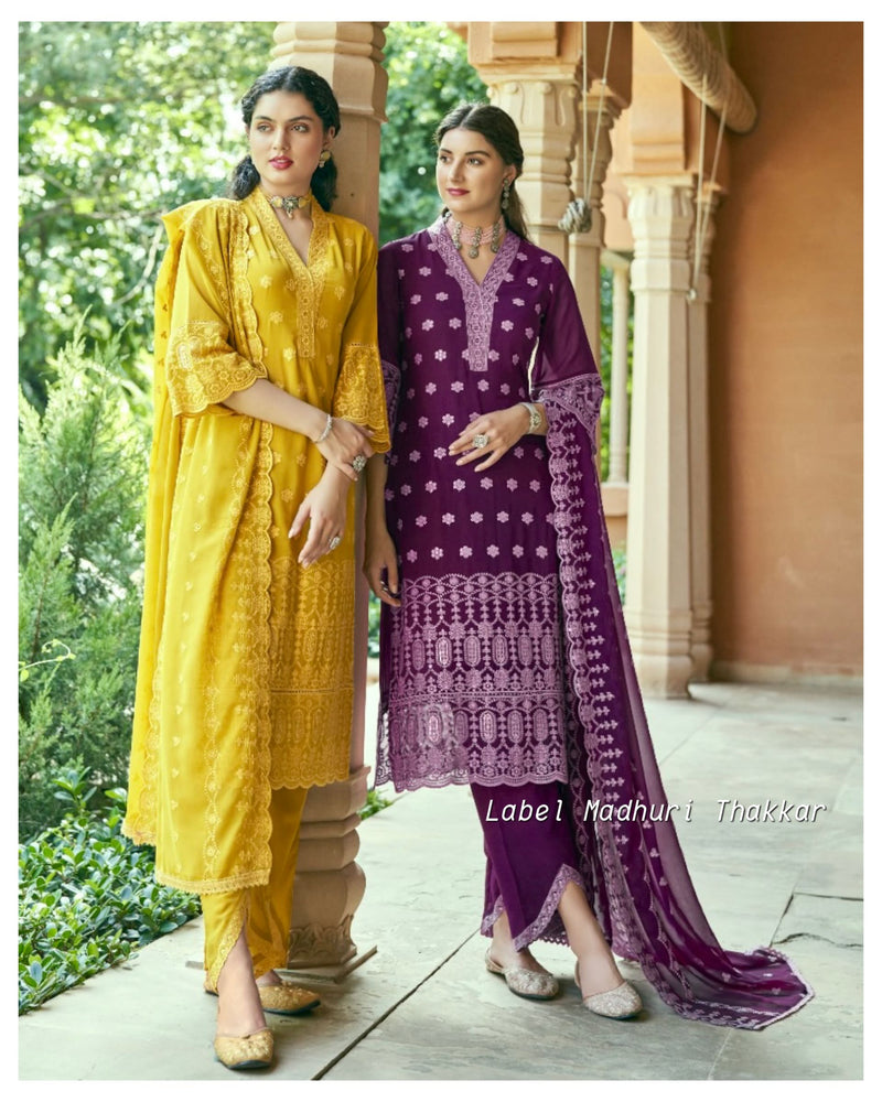 Yellow Georgette Schiffli Suit