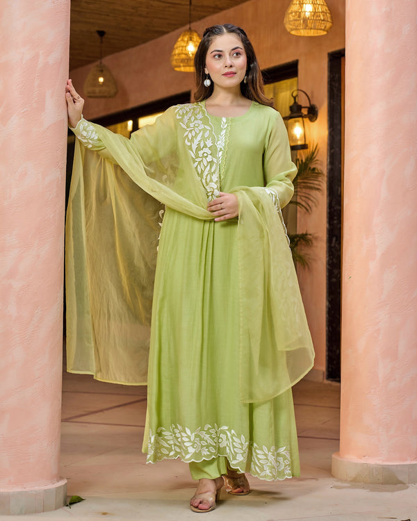 Lime Green Thread Embroidered A Line Mul Chanderi Suit