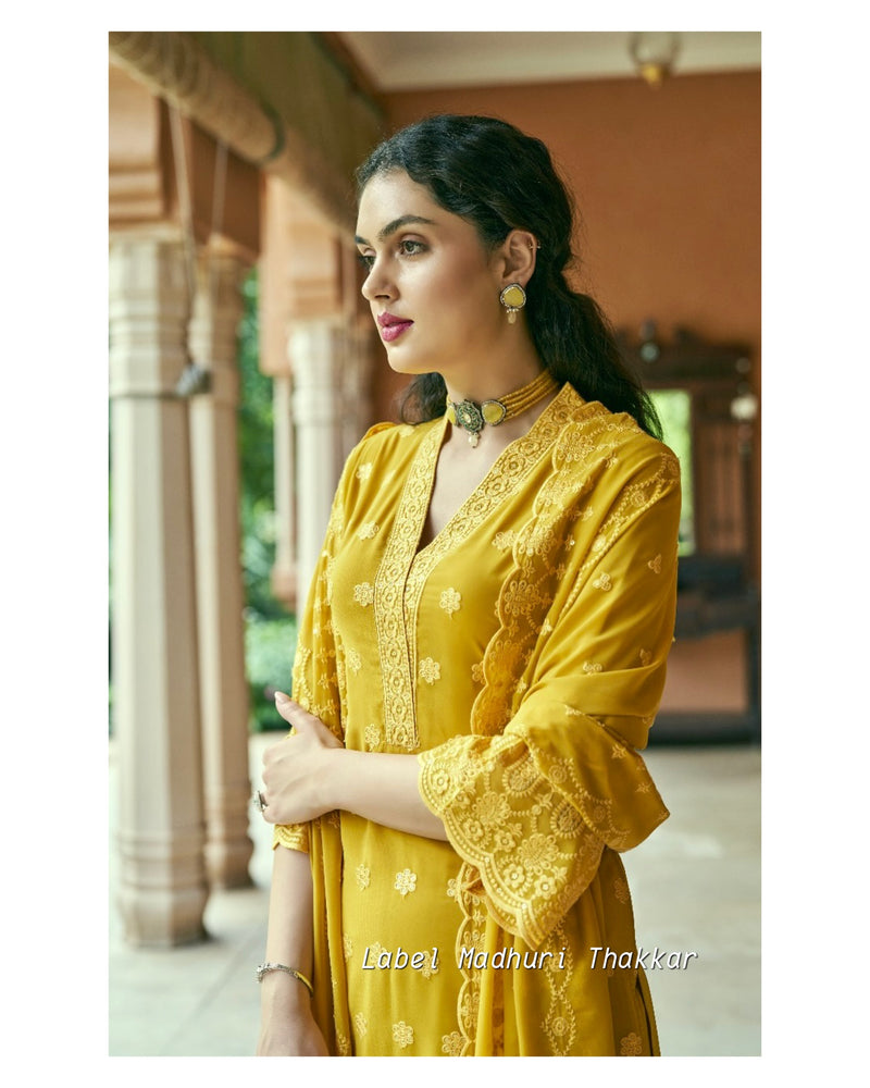 Yellow Georgette Schiffli Suit
