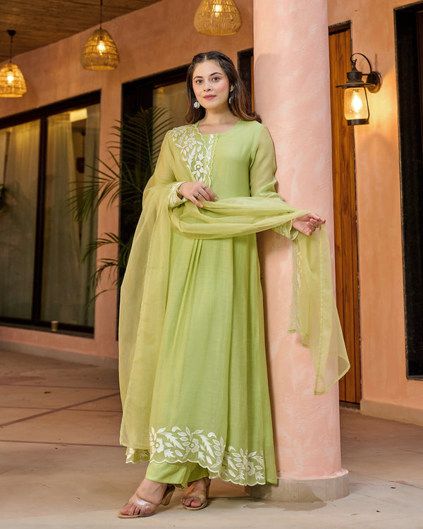 Lime Green Thread Embroidered A Line Mul Chanderi Suit