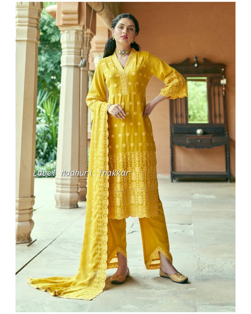 Yellow Georgette Schiffli Suit