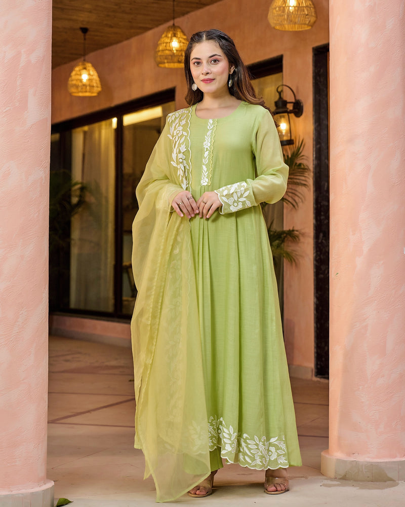 Lime Green Thread Embroidered A Line Mul Chanderi Suit