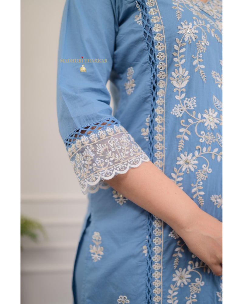 Powder Blue Threadwork V Neck Cotton Suit