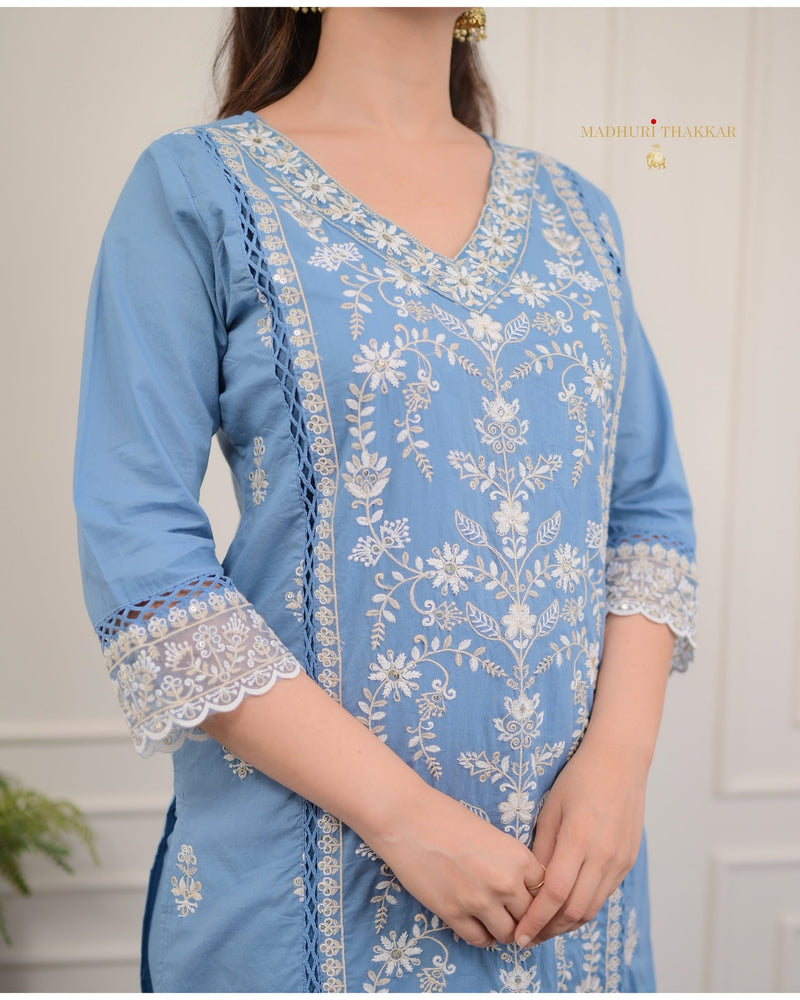 Powder Blue Threadwork V Neck Cotton Suit