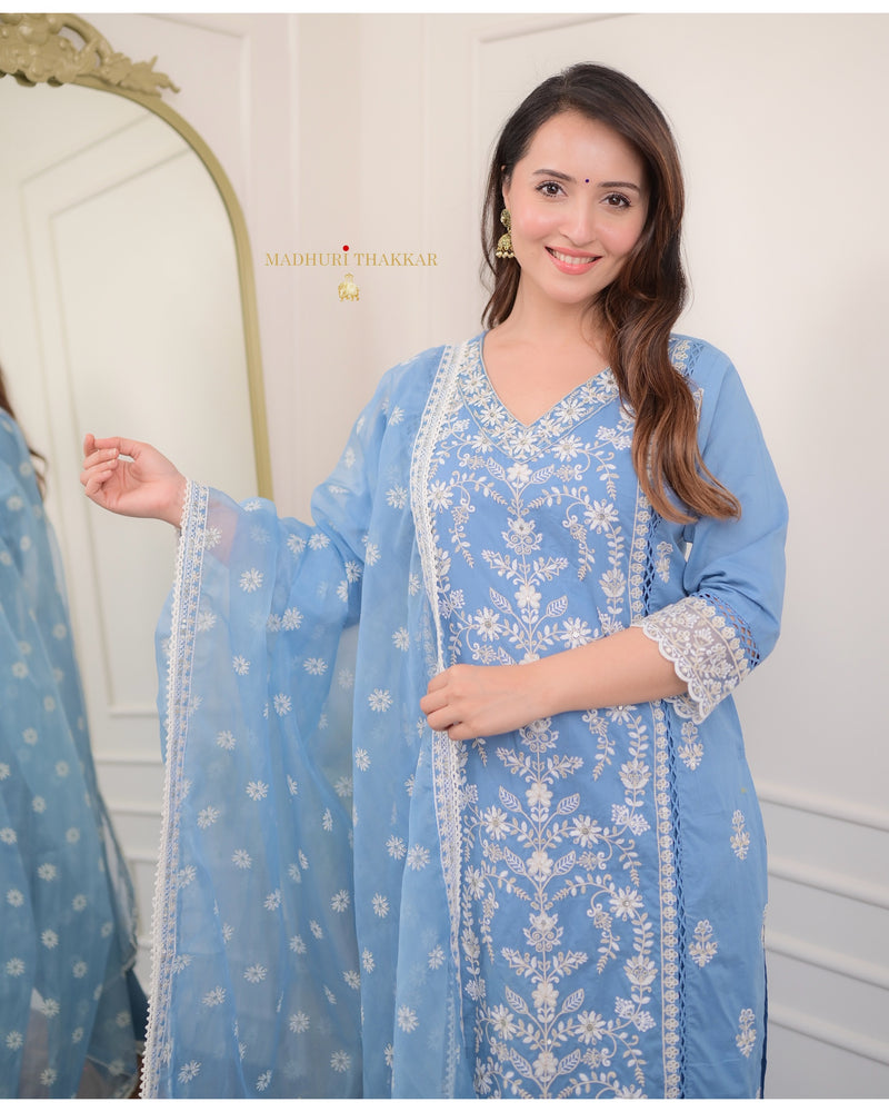 Powder Blue Threadwork V Neck Cotton Suit