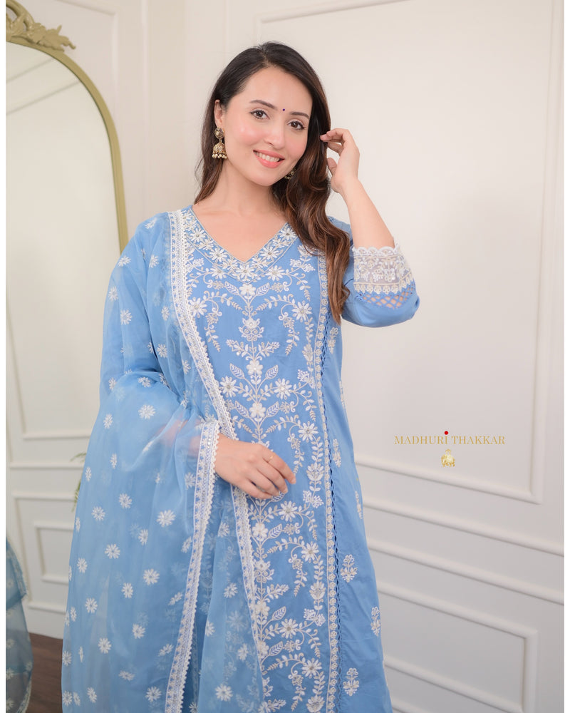 Powder Blue Threadwork V Neck Cotton Suit