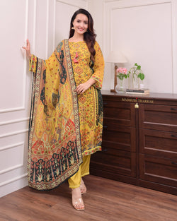 Mustard Yellow Handwork Organza Suit