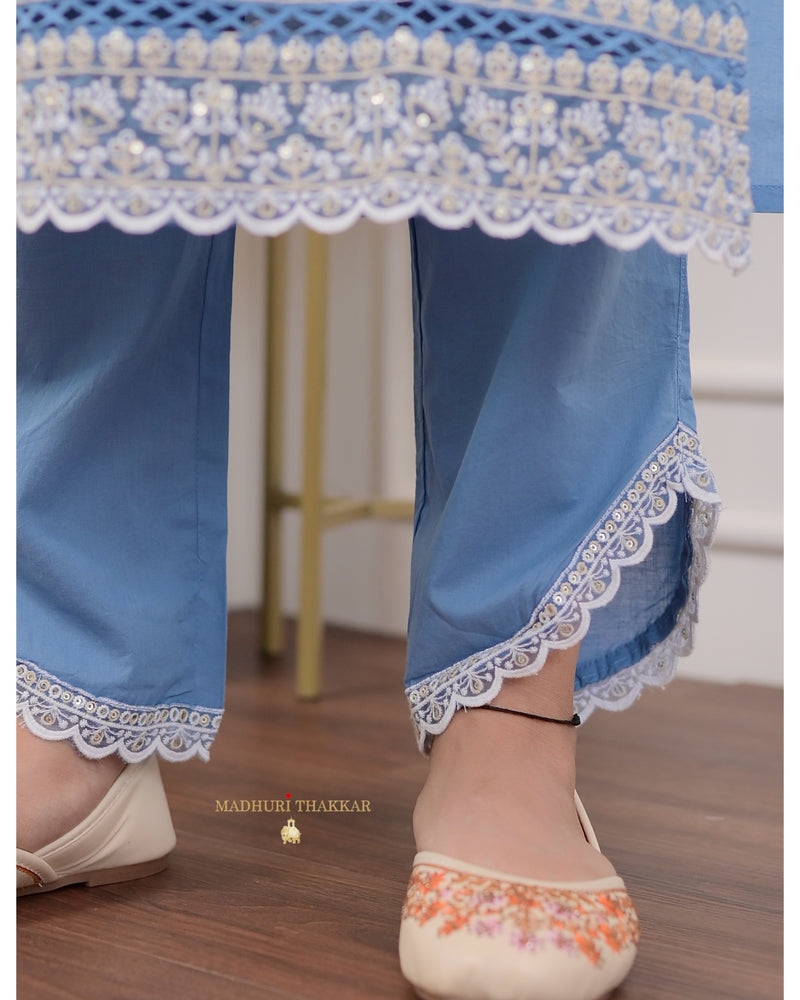 Powder Blue Threadwork V Neck Cotton Suit