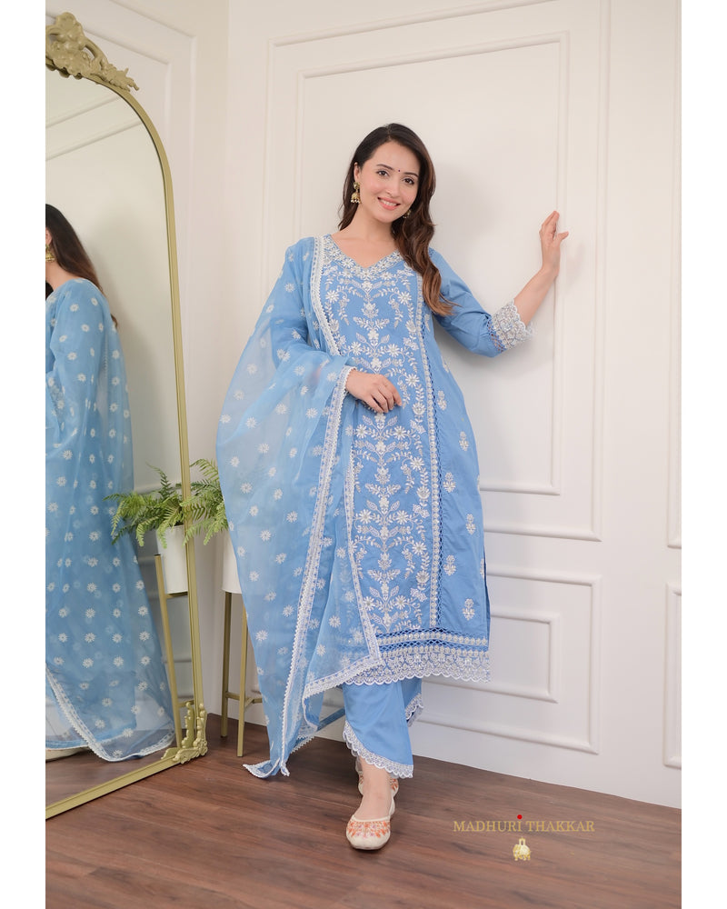 Powder Blue Threadwork V Neck Cotton Suit