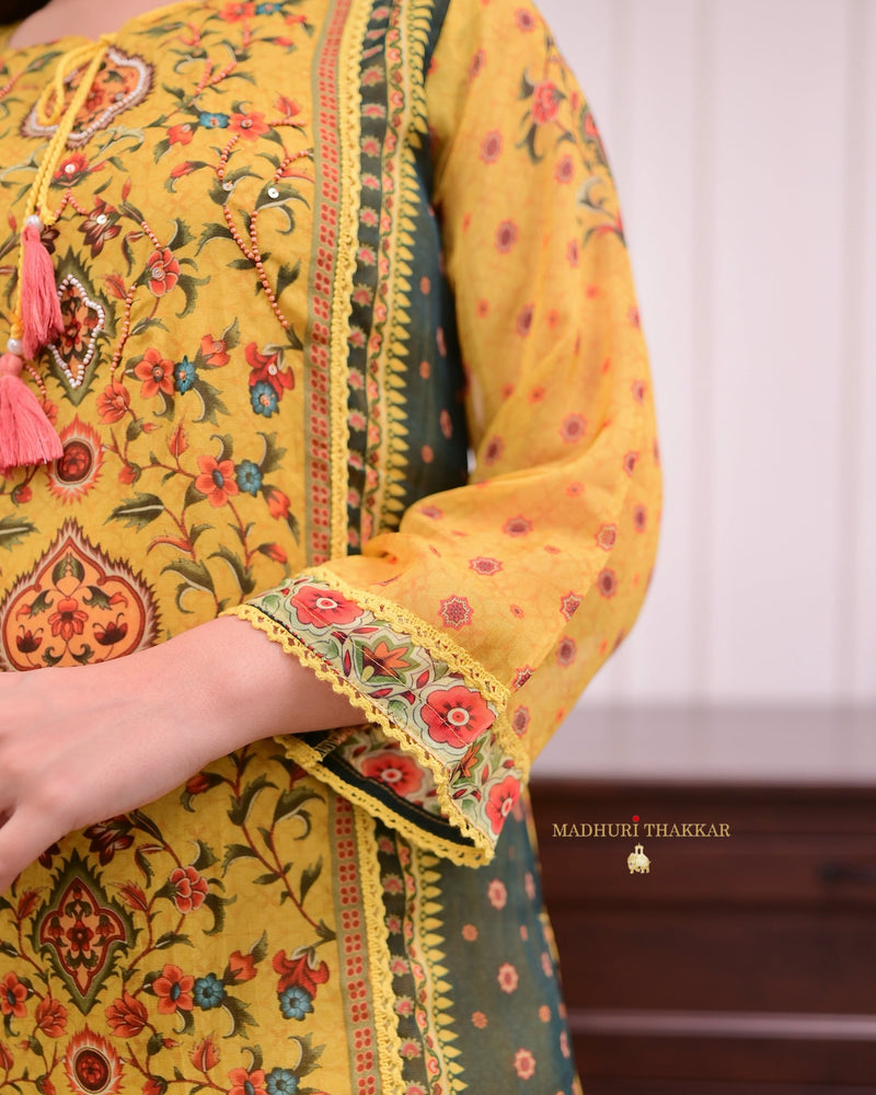 Mustard Yellow Handwork Organza Suit