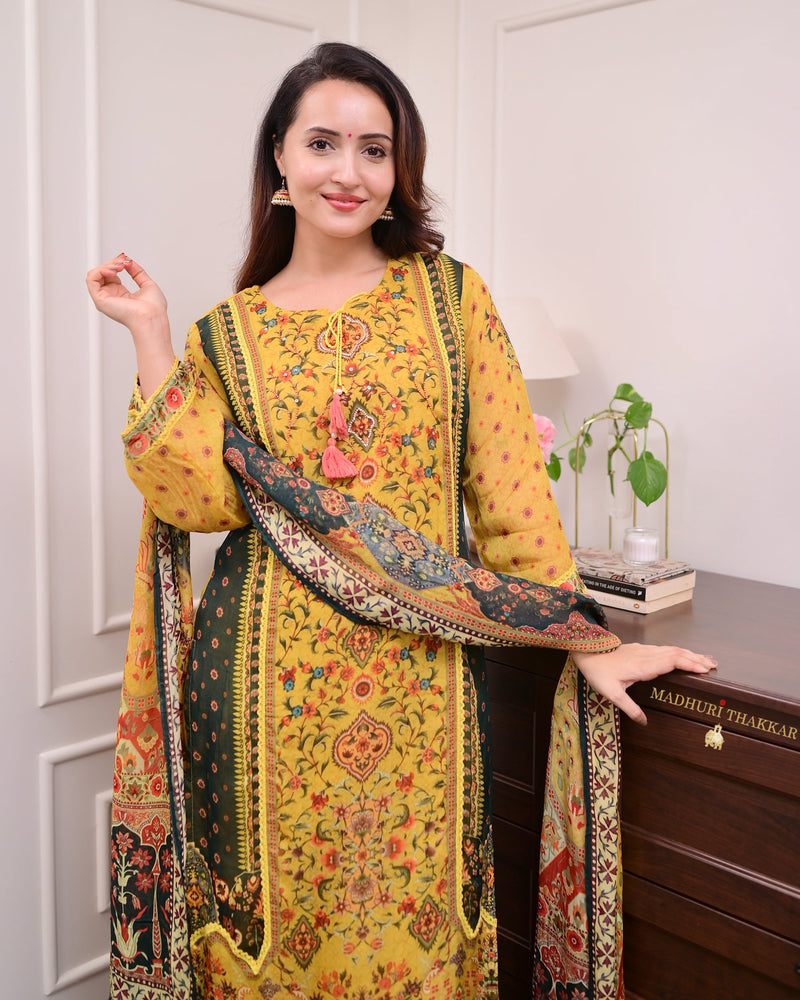 Mustard Yellow Handwork Organza Suit