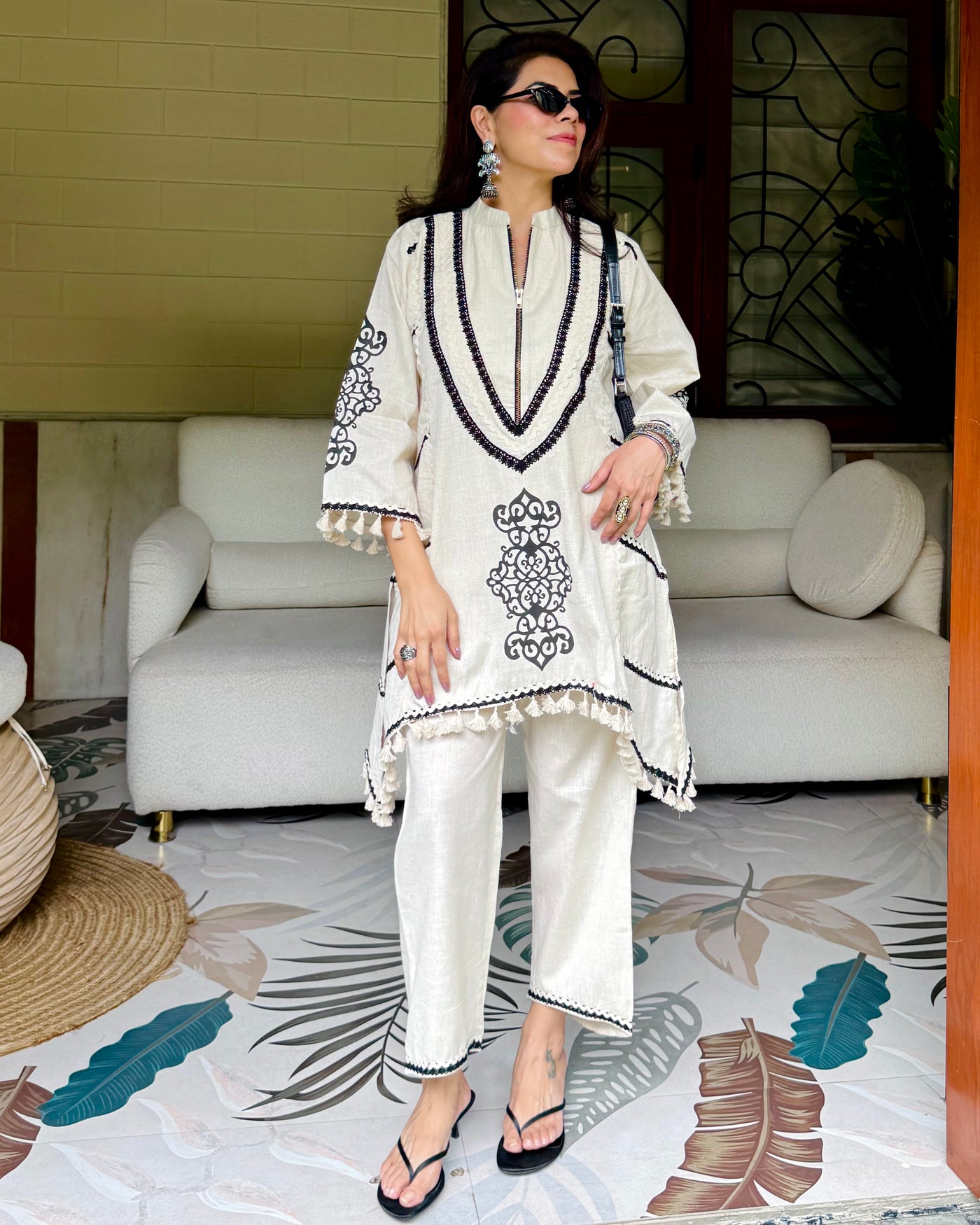 Ivory Black Zipper Statement Cotton Co-ord