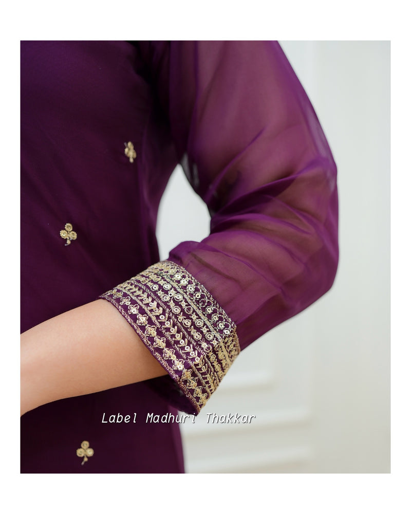 Magenta Organza Hand Embroidered Suit