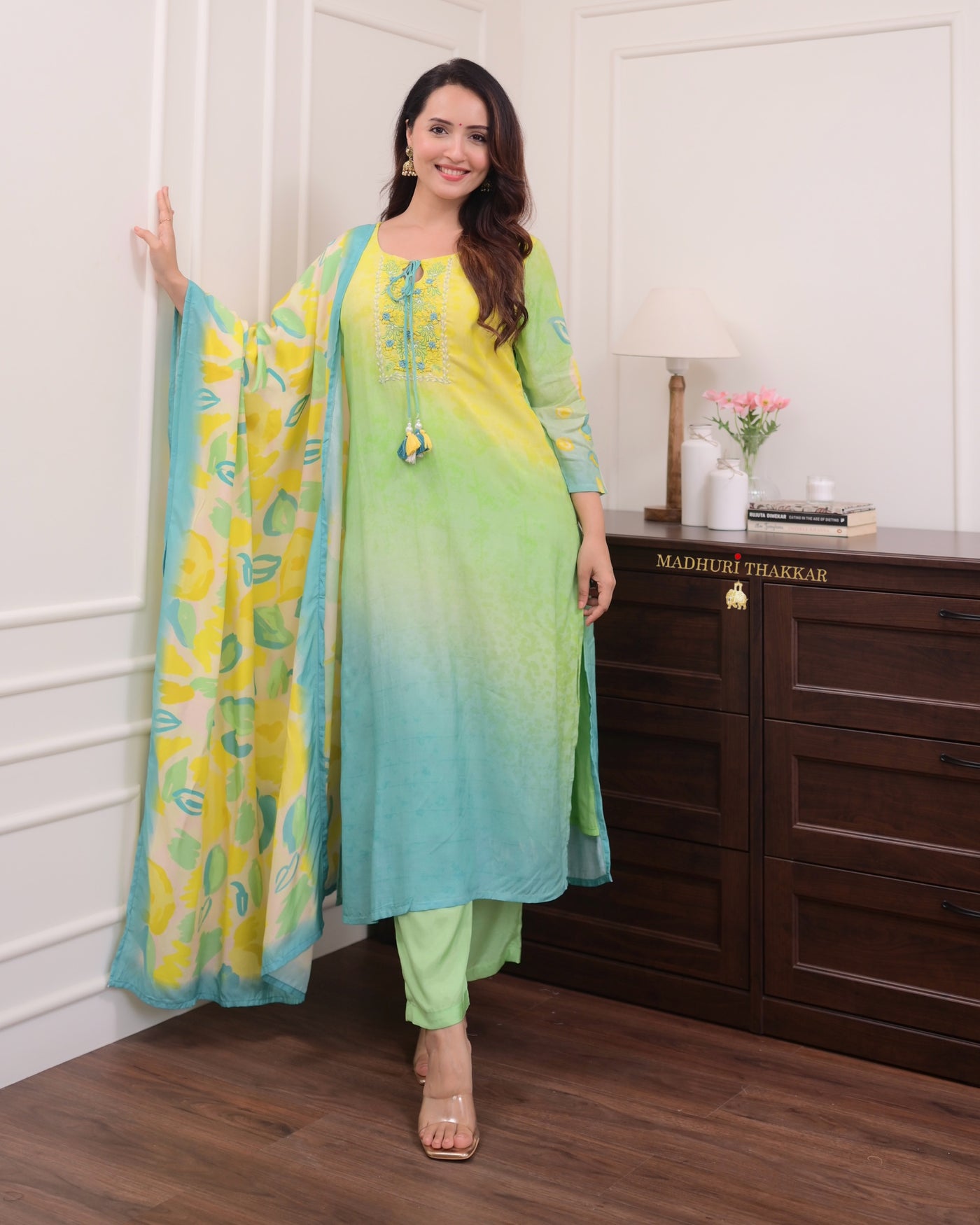 Greenish Yellow Ombre Handwork Muslin Suit