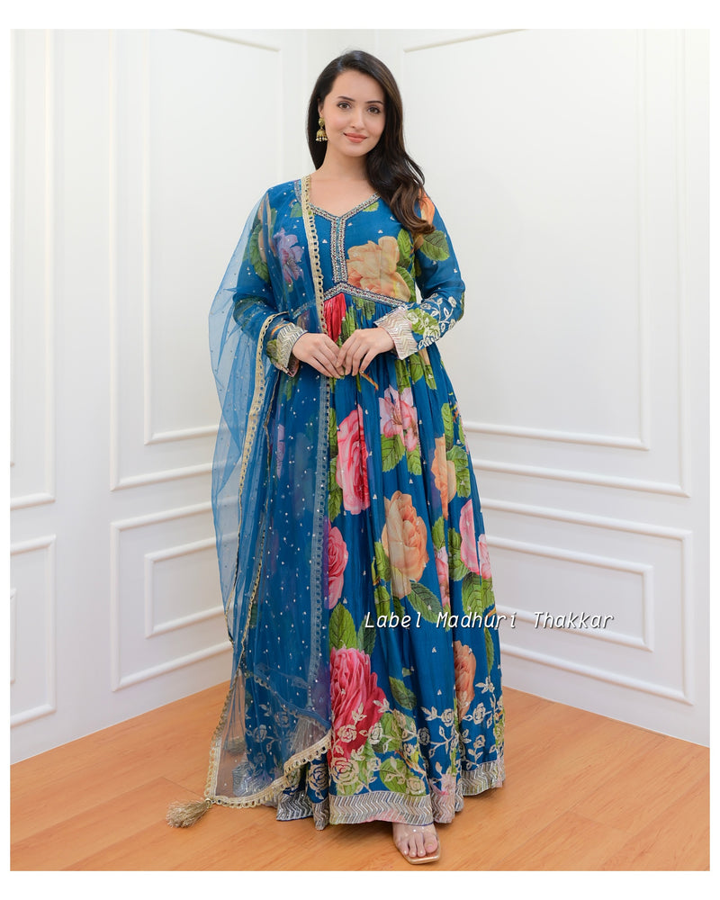Blue Floral Handwork Chinnon Anarkali