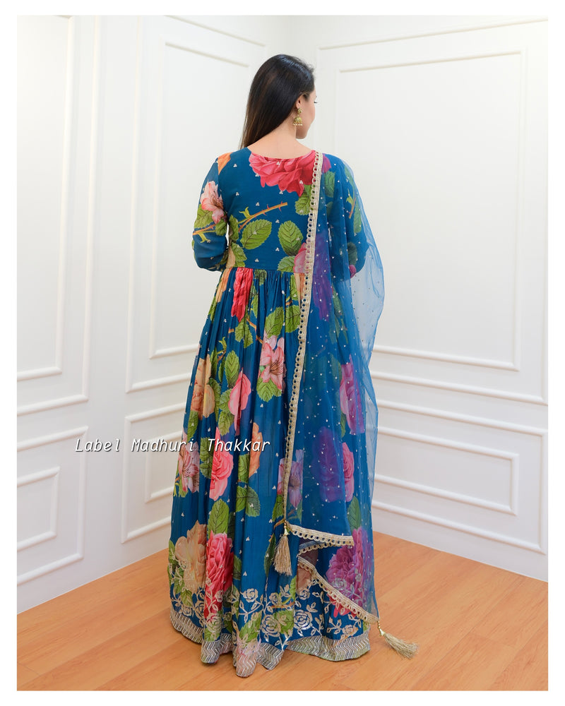 Blue Floral Handwork Chinnon Anarkali