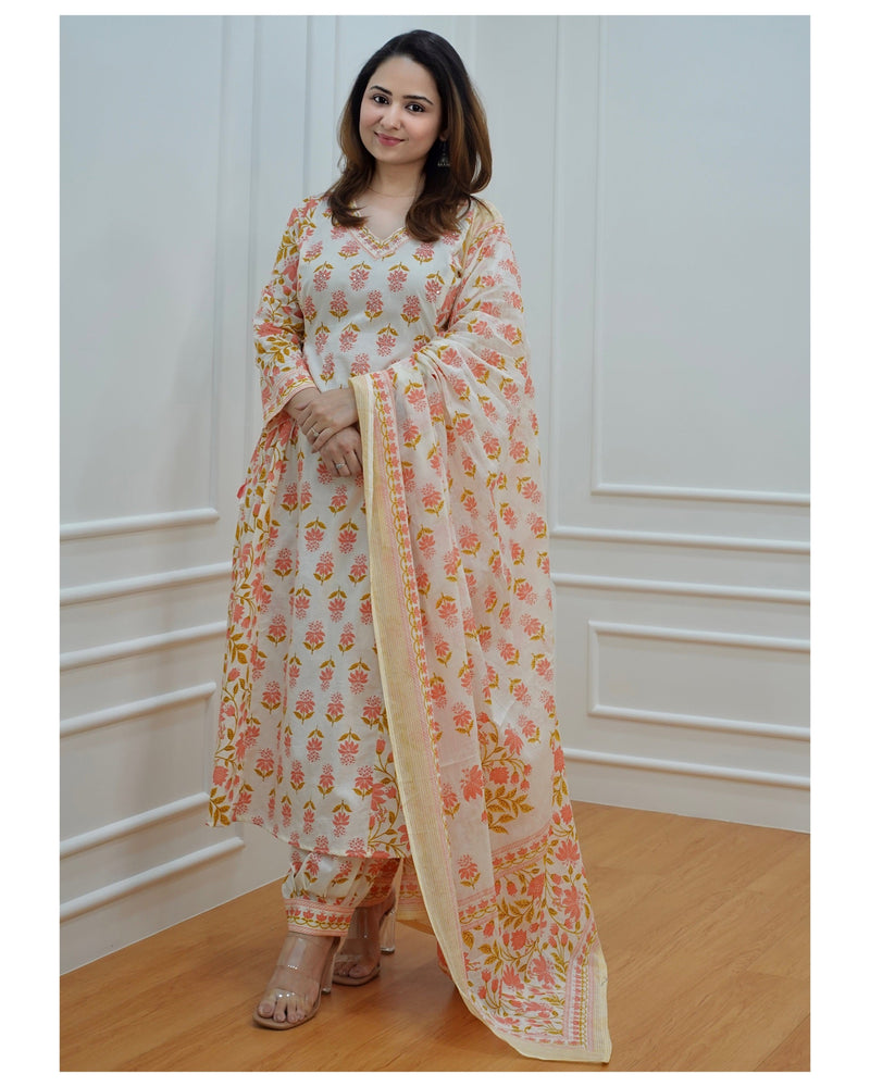 Ivory-Peach Floral Afghani Suit