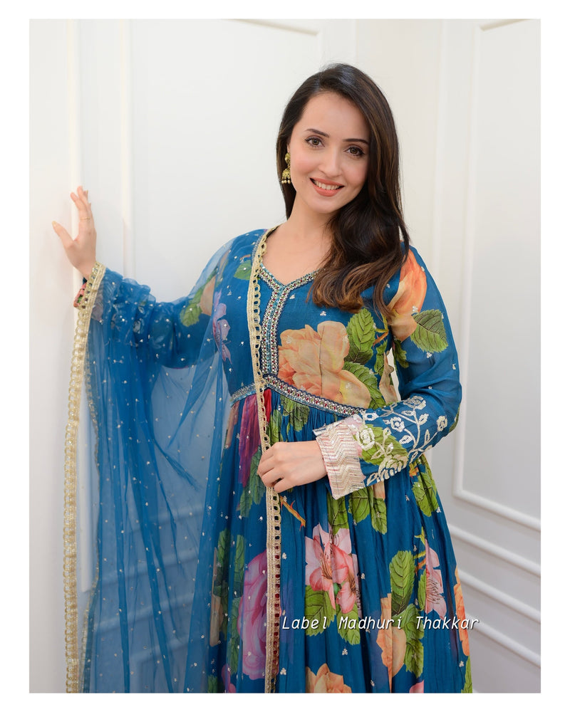 Blue Floral Handwork Chinnon Anarkali