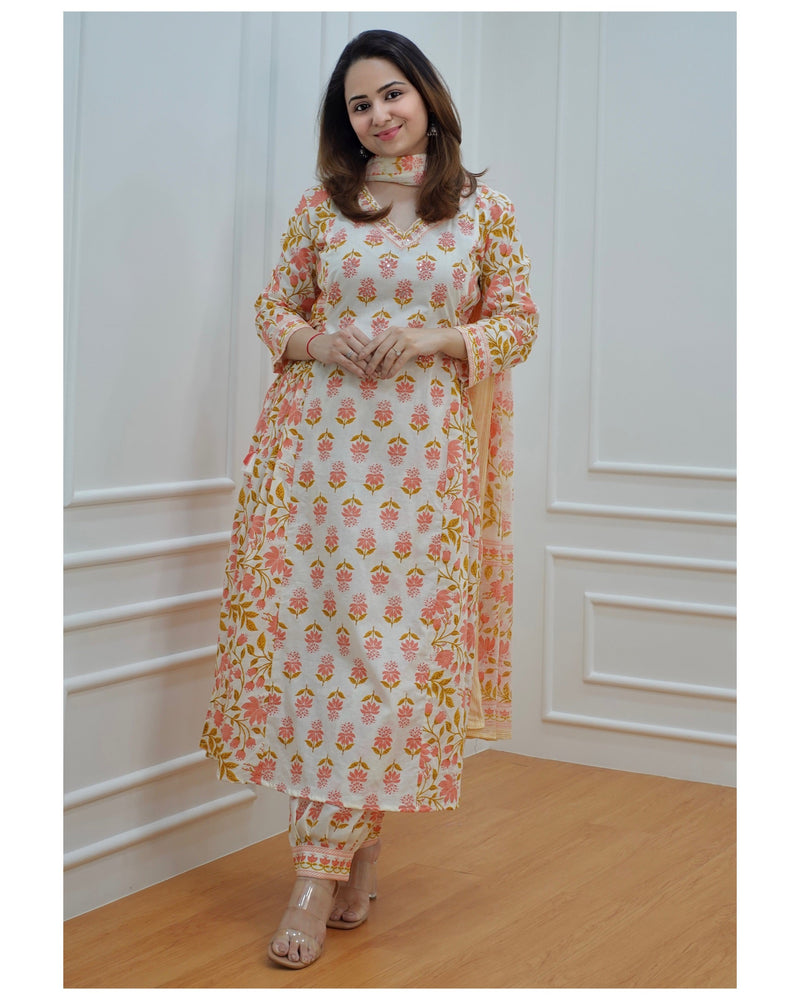 Ivory-Peach Floral Afghani Suit