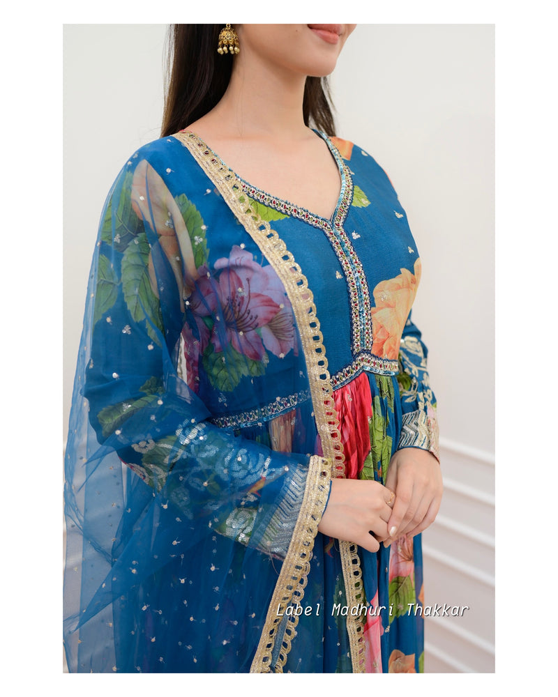 Blue Floral Handwork Chinnon Anarkali