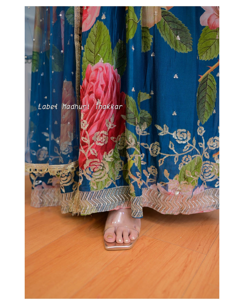 Blue Floral Handwork Chinnon Anarkali