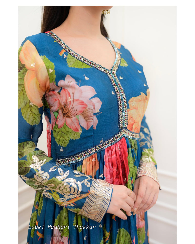 Blue Floral Handwork Chinnon Anarkali