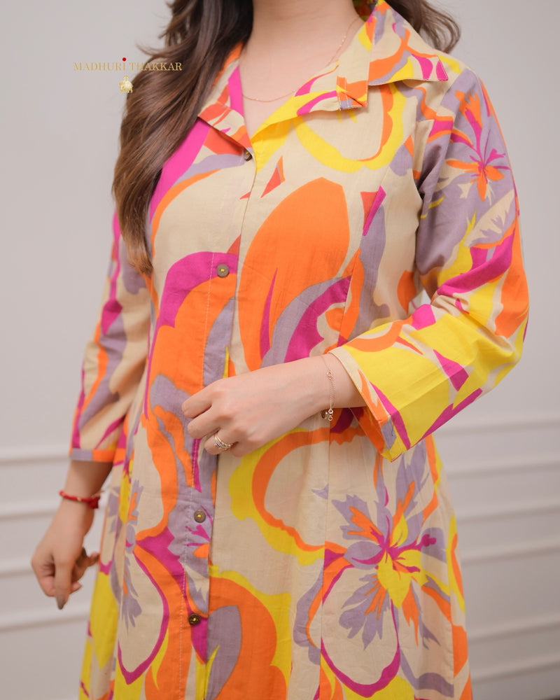 Ivory Orange Abstract Cotton Co-ord