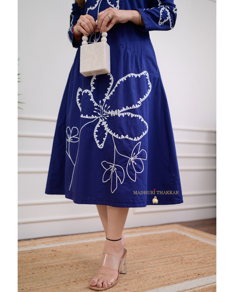 Navy Blue Thread Embroidered Cotton Dress