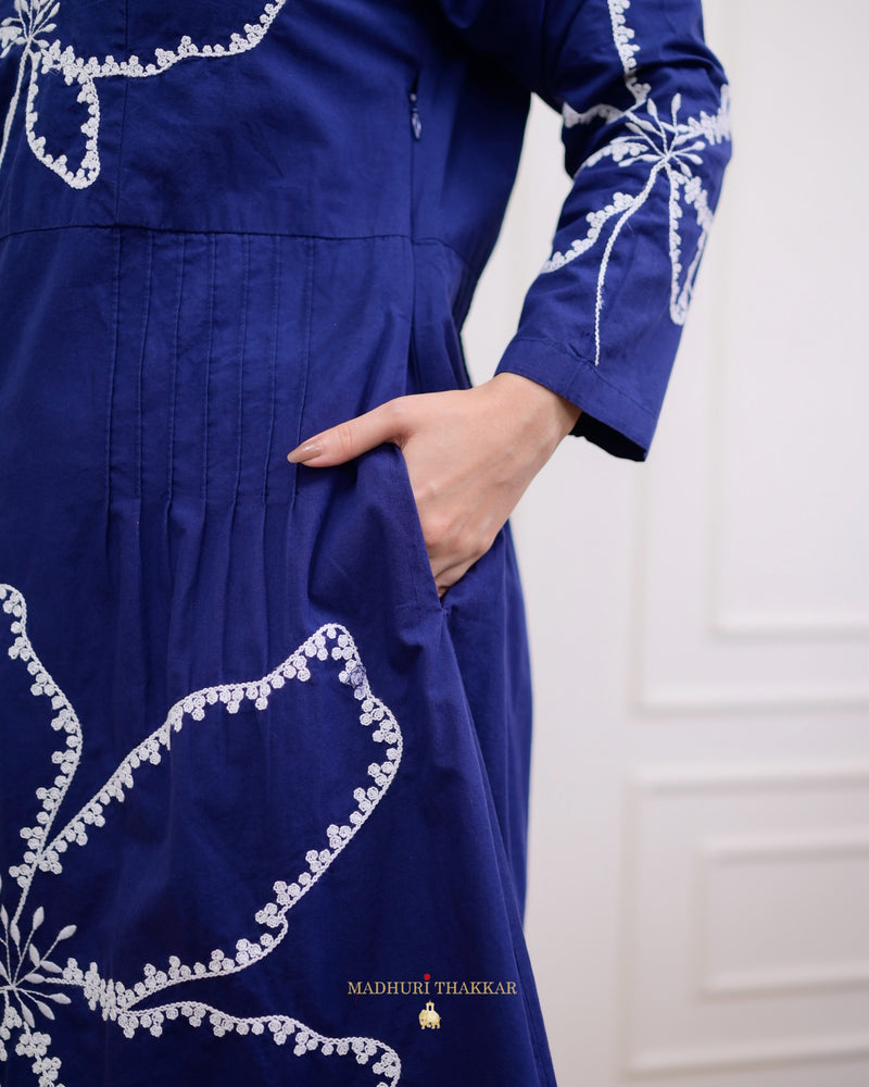 Navy Blue Thread Embroidered Cotton Dress