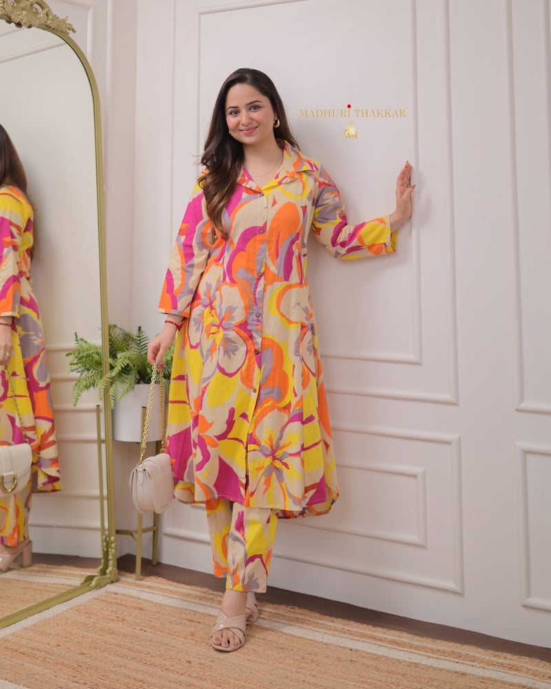 Ivory Orange Abstract Cotton Co-ord