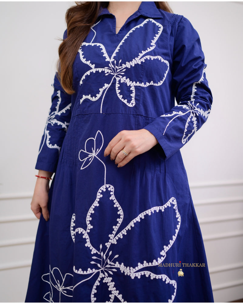 Navy Blue Thread Embroidered Cotton Dress