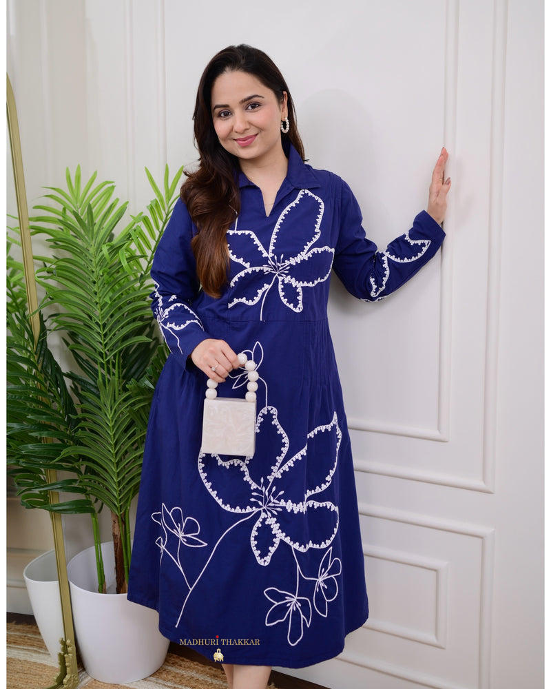 Navy Blue Thread Embroidered Cotton Dress