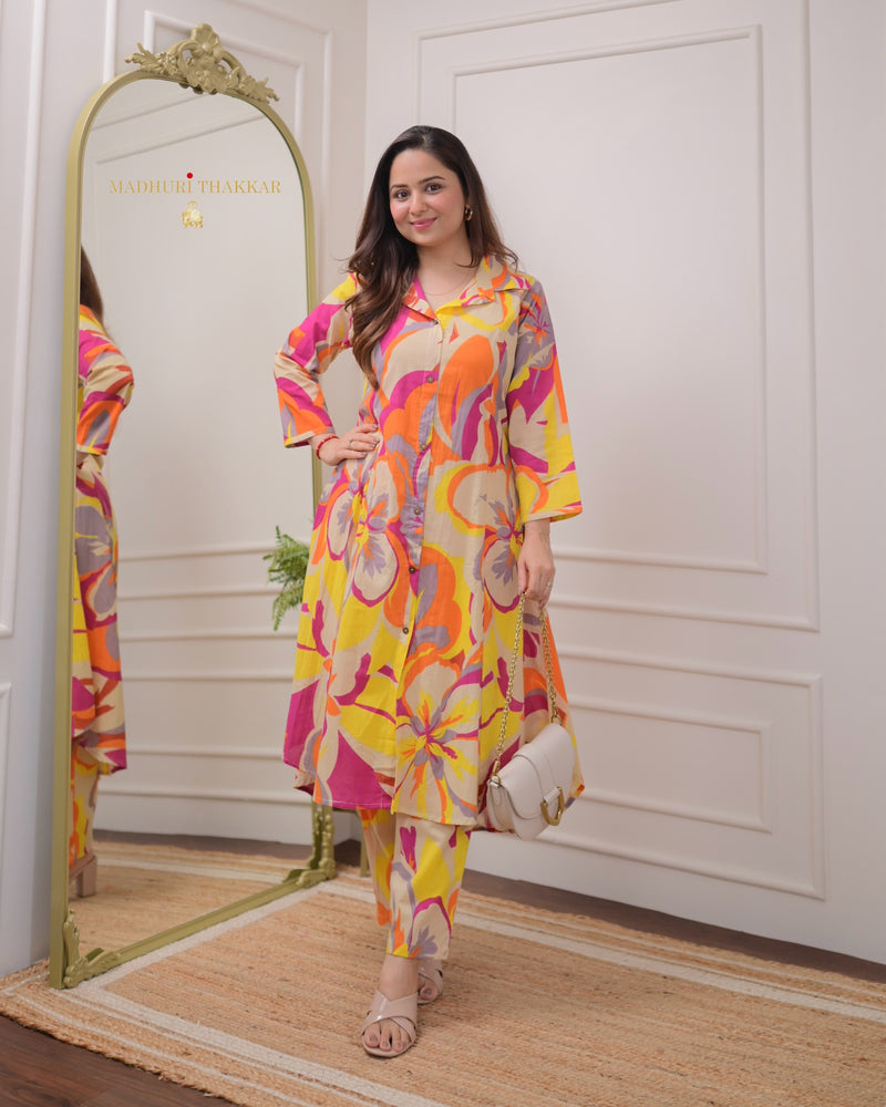 Ivory Orange Abstract Cotton Co-ord