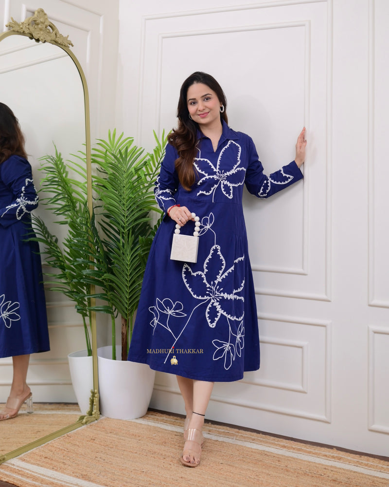 Navy Blue Thread Embroidered Cotton Dress