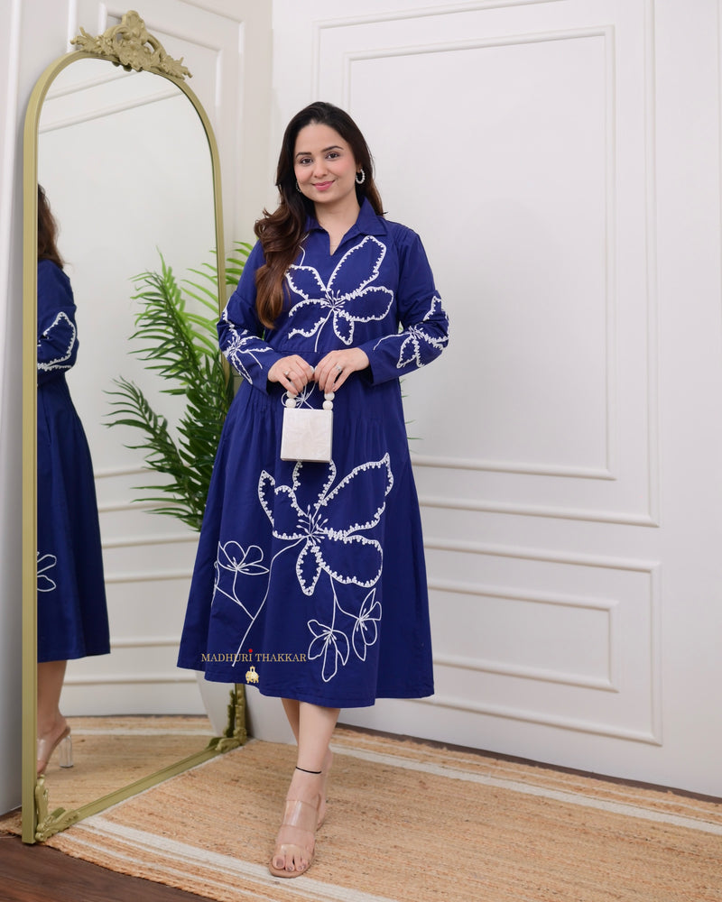 Navy Blue Thread Embroidered Cotton Dress