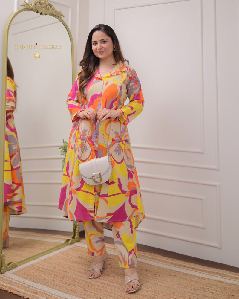 Ivory Orange Abstract Cotton Co-ord