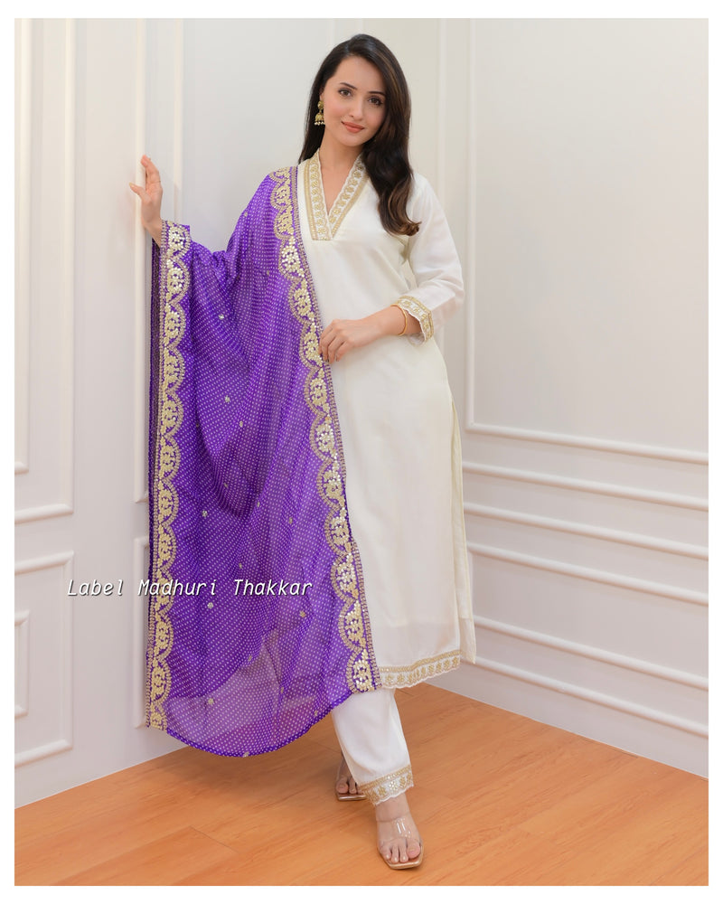 Ivory Muslin Embroidered Purple Dupatta Suit