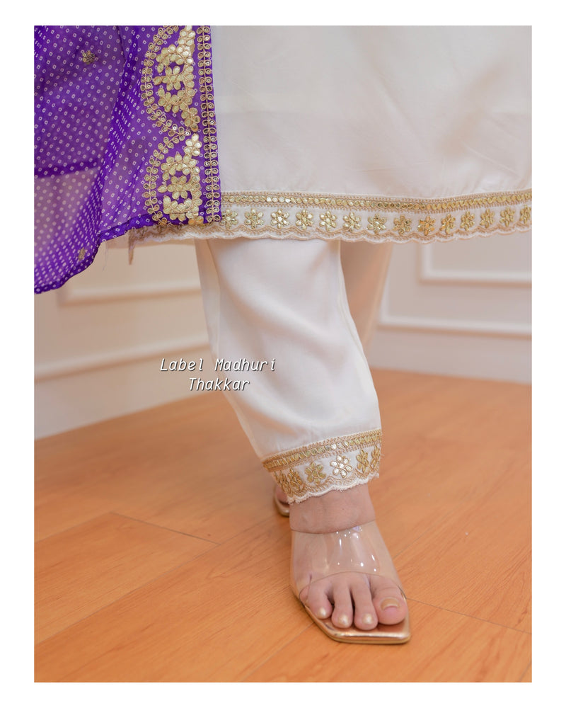 Ivory Muslin Embroidered Purple Dupatta Suit