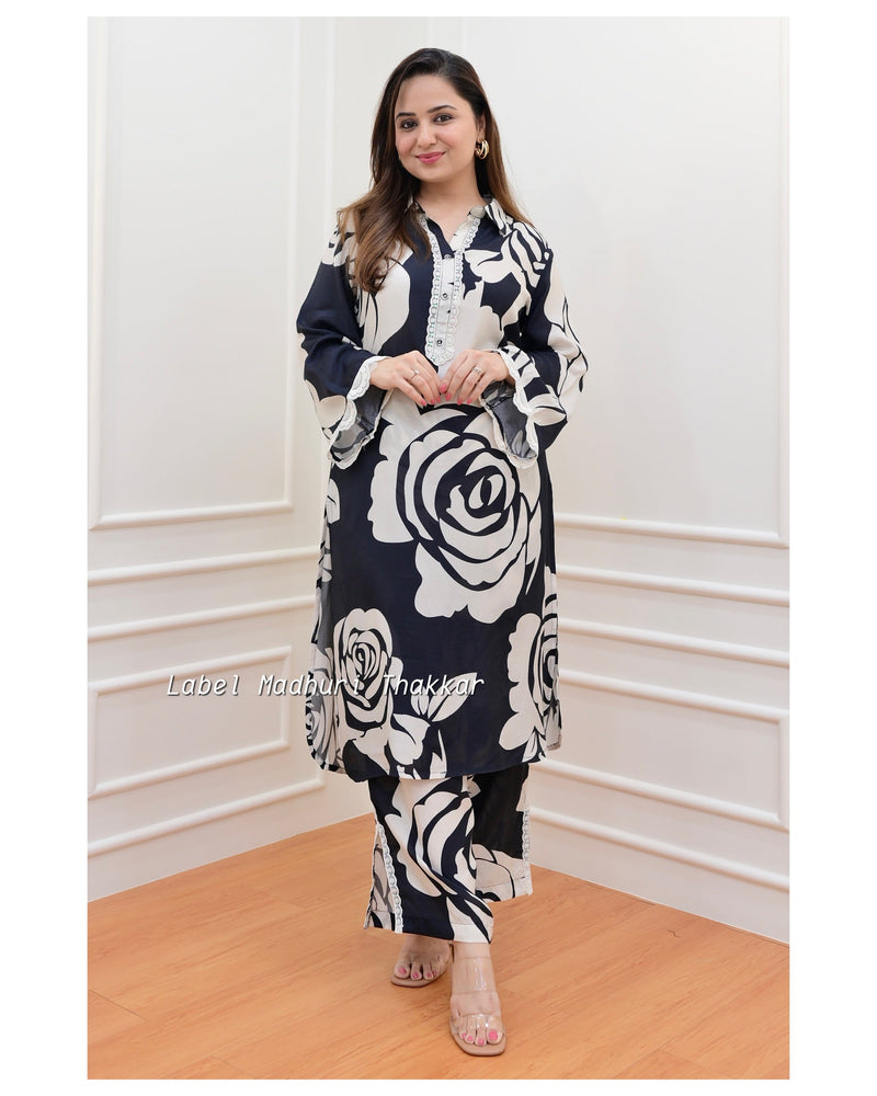 Black-Ivory Rose Print Muslin Co-ord