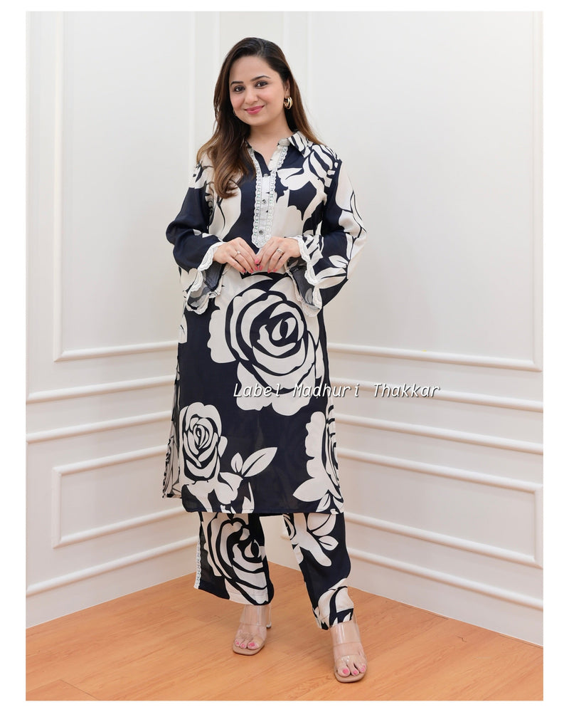 Black-Ivory Rose Print Muslin Co-ord