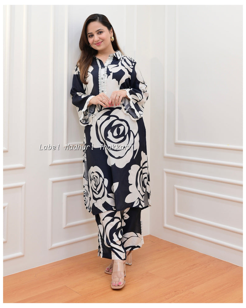 Black-Ivory Rose Print Muslin Co-ord