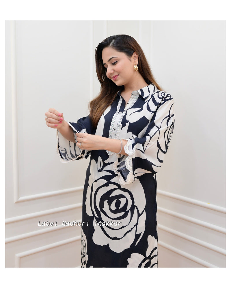 Black-Ivory Rose Print Muslin Co-ord