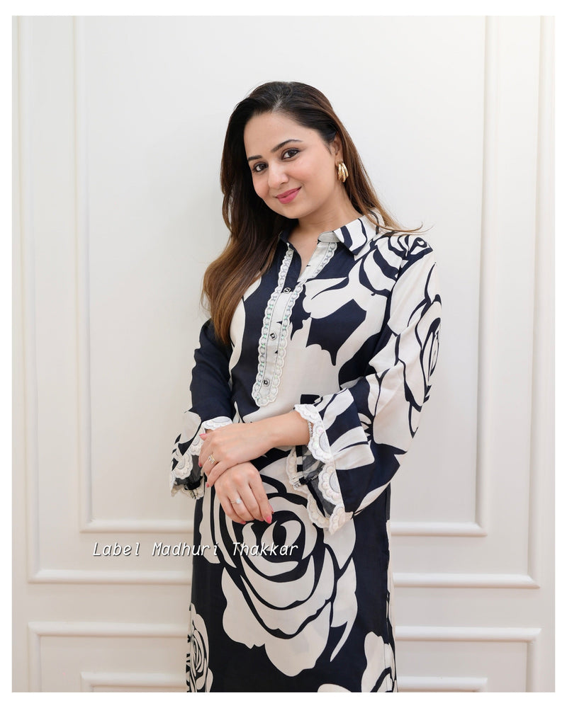 Black-Ivory Rose Print Muslin Co-ord